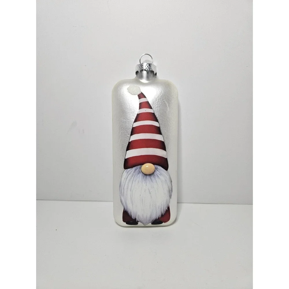 Glass Gnome Christmas Ornament Rectangle Flat Silver White Red Striped Hat 6